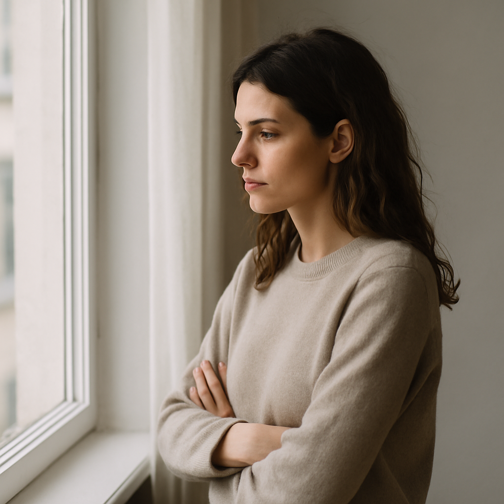 Женщина думает о будущем отношений, переживая из-за зависимого партнёра.