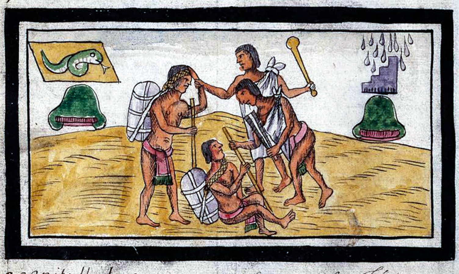 Нападение на торговцев. Historia de las Indias de Nueva España y islas de Tierra Firme.  Diego Durán, 1588.