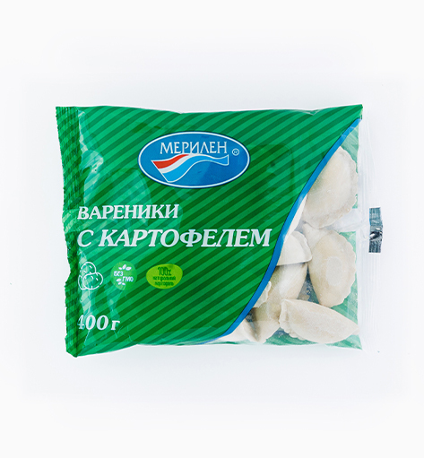 Вареники «С картофелем» от производителя Мерилен — замороженные полуфабрикаты с картофельной начинкой и жареным луком, мягкое тесто. Упаковка: 400 гр. Удобны для быстрого приготовления.