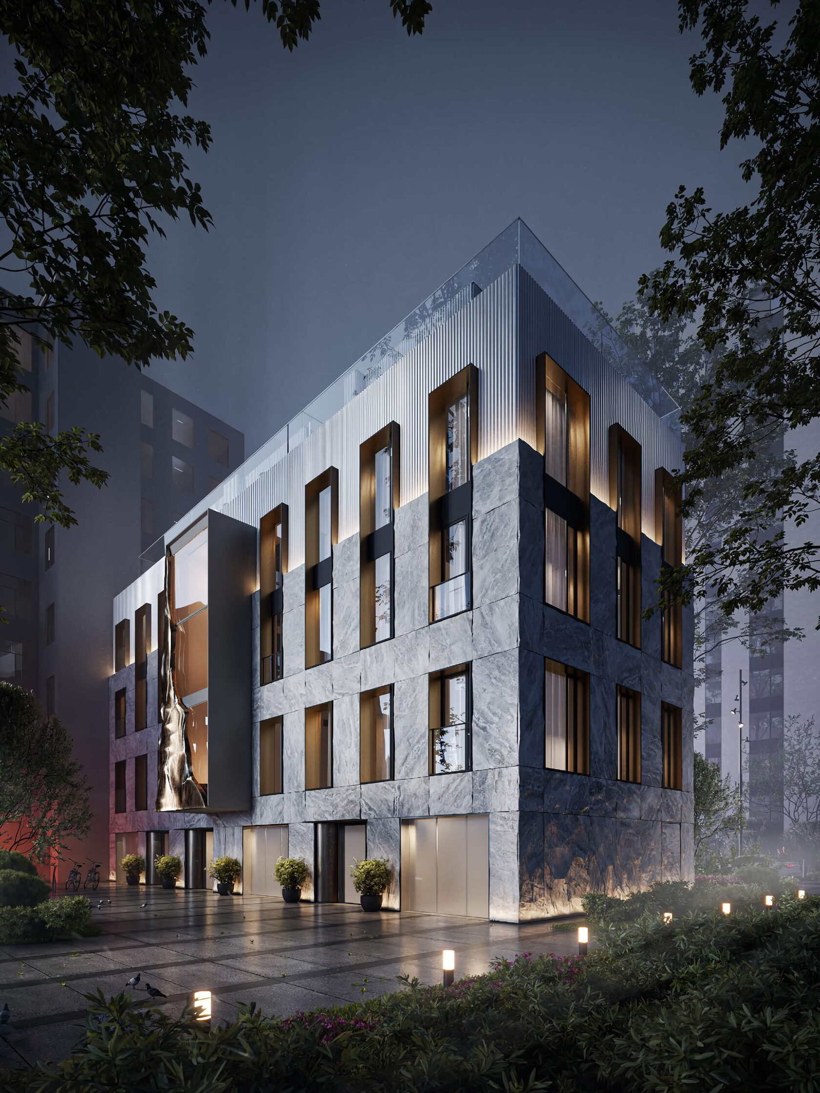 Архитектура Friday Villas в вечернем освещении