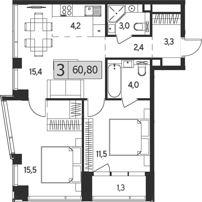3-комн 60,80 м²