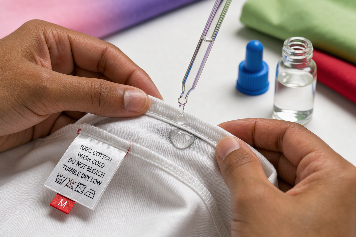 Close-up of a clothing care label and hands testing a small hidden seam with a drop of clear solution on a cotton swatch, neutral background