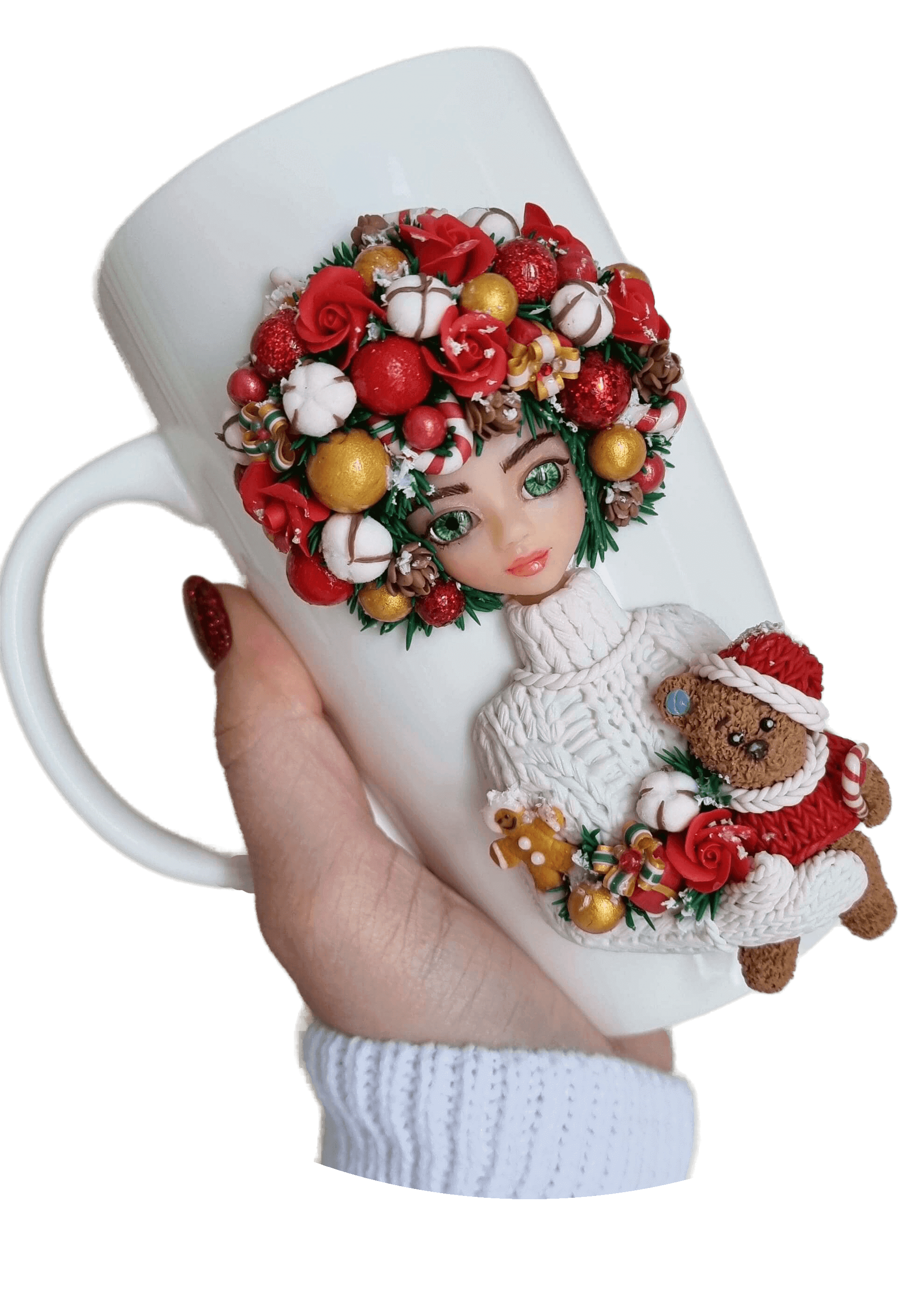 Рождественская девочка из полимерной глины декор на кружке 