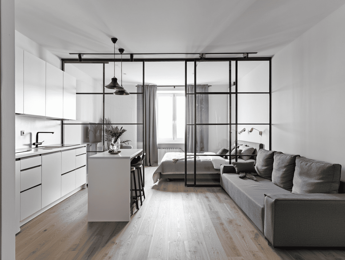 Переделка хрущевки в студию: зонирование спальни раздвижной стеклянной перегородкой. Дизайнерский ремонт квартиры 45 кв. м в стиле минимализм. Белая кухня, объединенная с гостиной, и спальная зона в лофт-стиле.