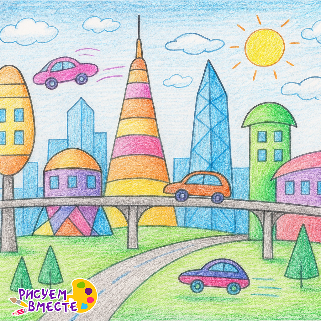 Детский рисунок «Город будущего» цветными карандашами
