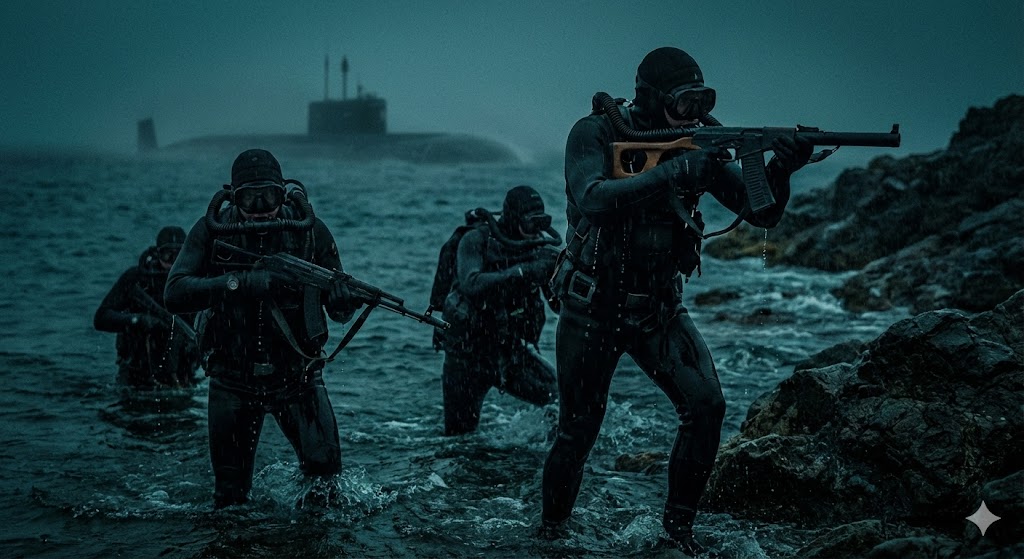 Боевые пловцы спецназа ВМФ выходят на берег