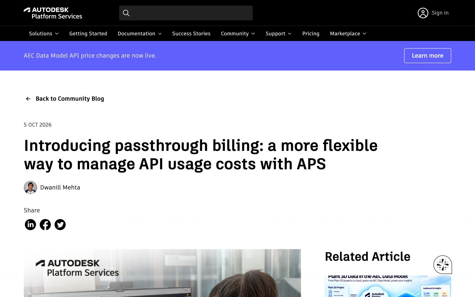 Screenshot of the Autodesk Platform Services blog post Introducing passthrough billing: a more flexible way to manage API usage costs with APS, dated 5 October 2026