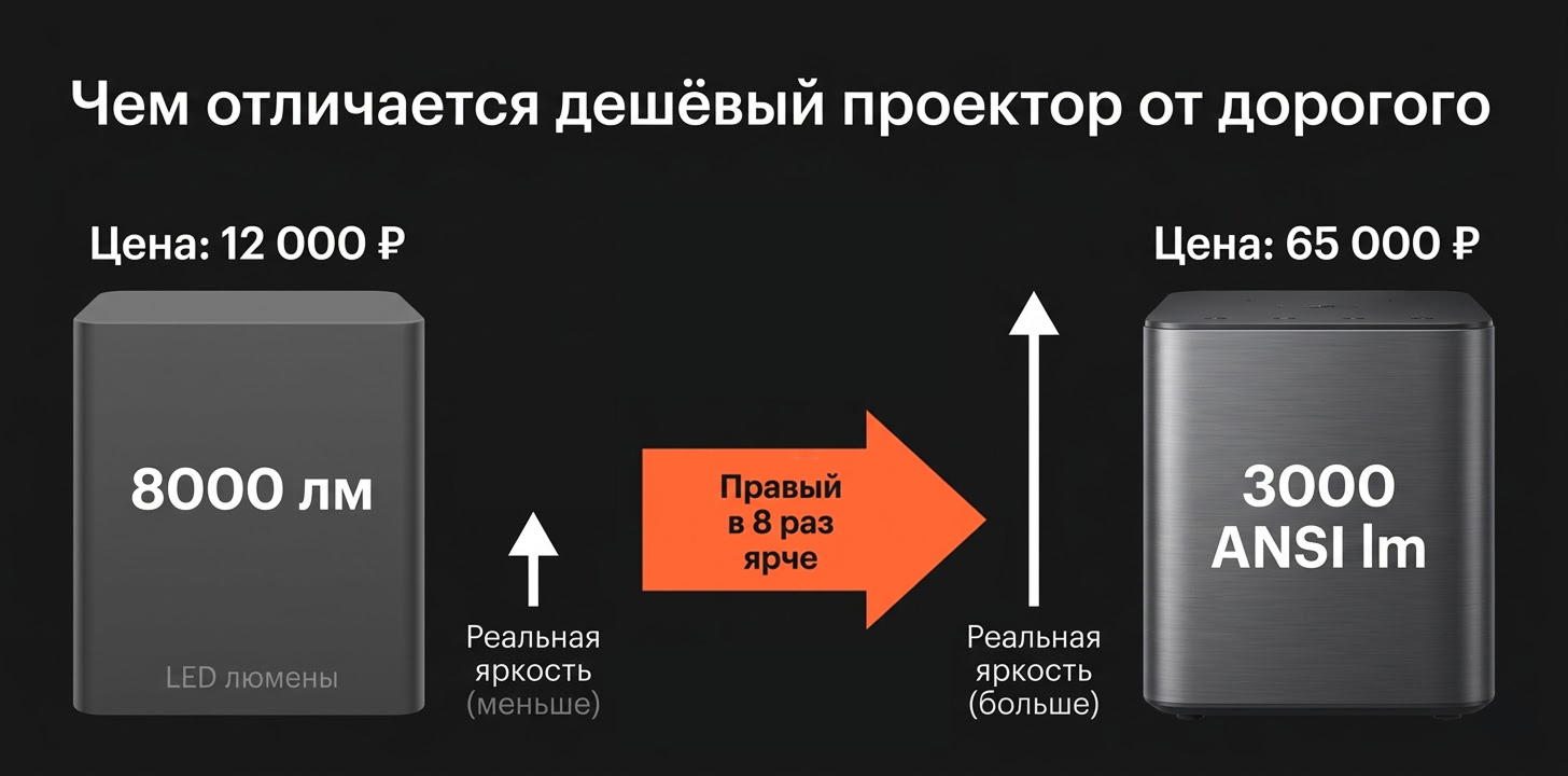 Сравнение «Чем отличается дешёвый проектор от дорогого» показывает дешевую коробку за 12,000 ₽ с надписью «8000 лм LED люмены» (малая яркость) и дорогую коробку за 65,000 ₽ с надписью «3000 ANSI lm» (высокая яркость). Центральная оранжевая стрелка указывает: «Правый в 8 раз ярче».