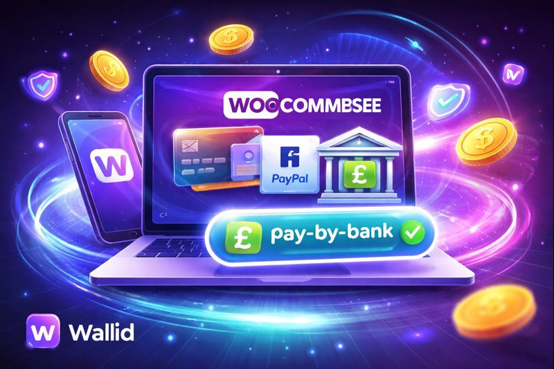 Futuristic illustration showing WooCommerce payment options, including card payments, PayPal, and pay-by-bank via Wallid for UK online stores