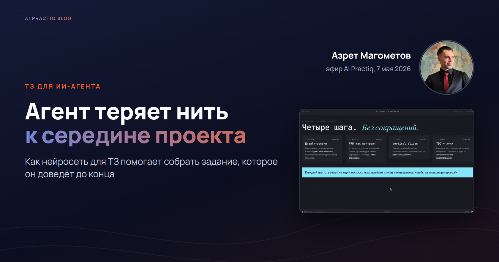Нейросеть для ТЗ по методу Азрета Магометова: четыре шага работы с агентом, эфир AI Practiq 7 мая 2026
