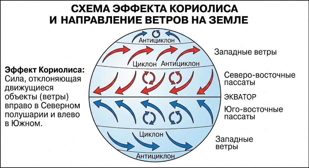 Схема эффекта Кориолиса и направление ветров на Земле