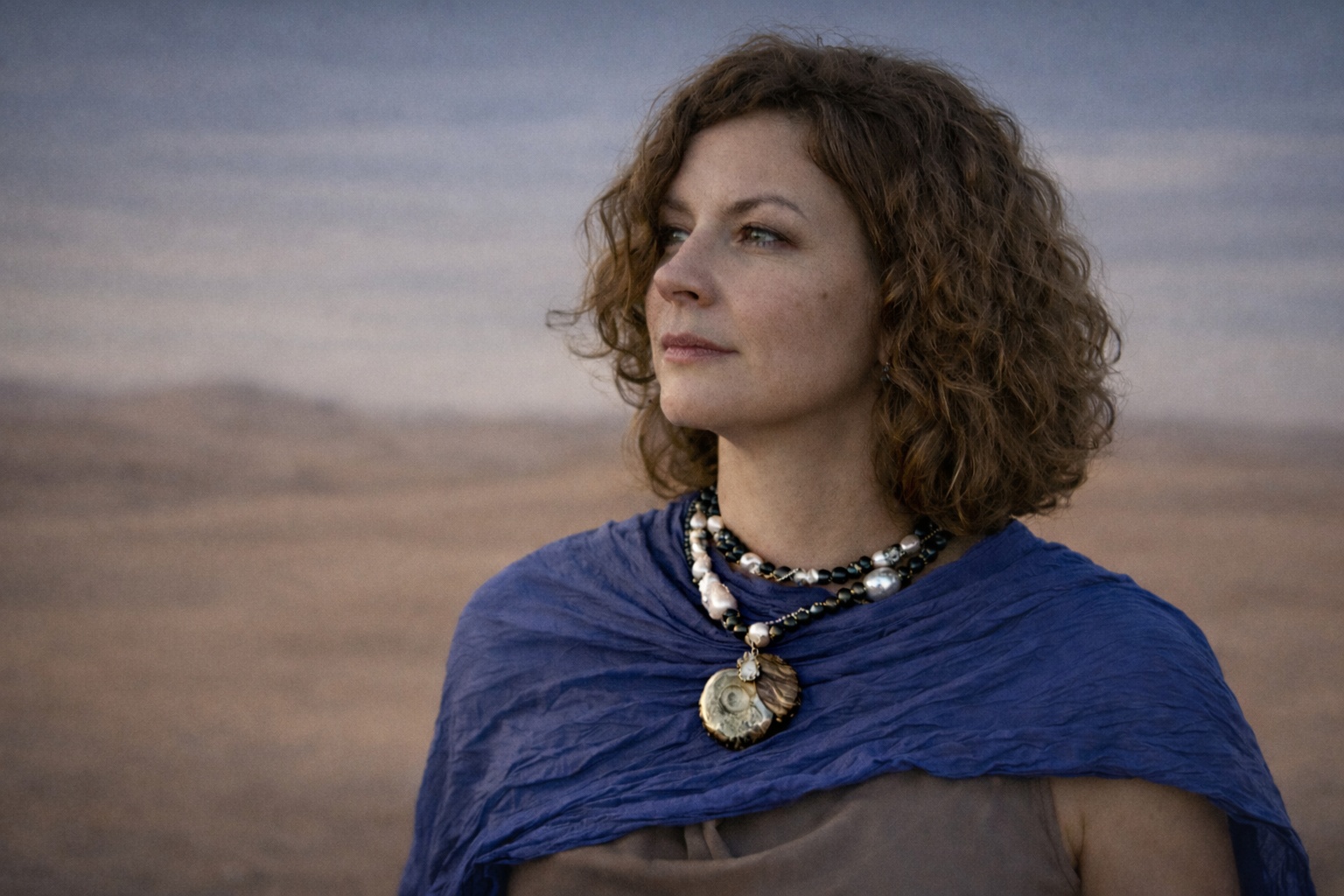 Женщина в пустыне Марокко в украшении с аммонитом и натуральным жемчугом, кулон из древней фоссилии девонского периода Ampulla Temporis.