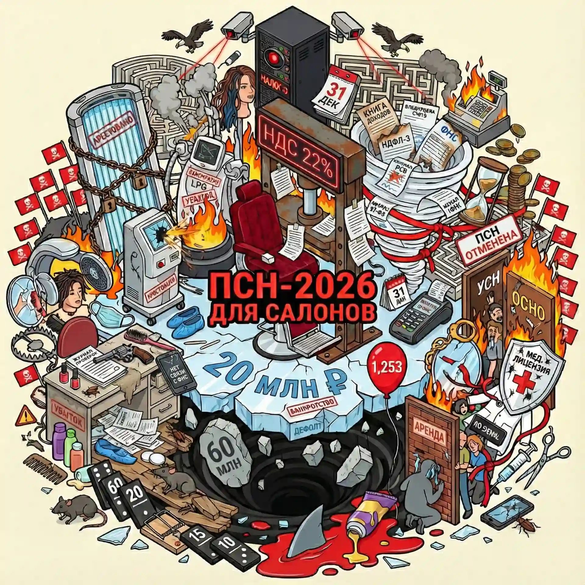 Сатирическая иллюстрация проблем салонов красоты в России в 2026 году: отмена ПСН, высокие налоги, долги и бюрократия.