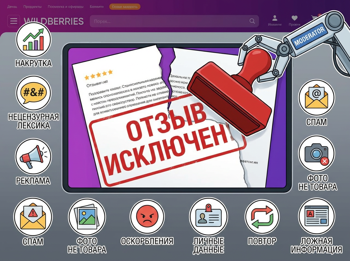 Экран смартфона с открытым приложением Wildberries и уведомлением отзыв исключен из рейтинга на фоне коробок с товарами