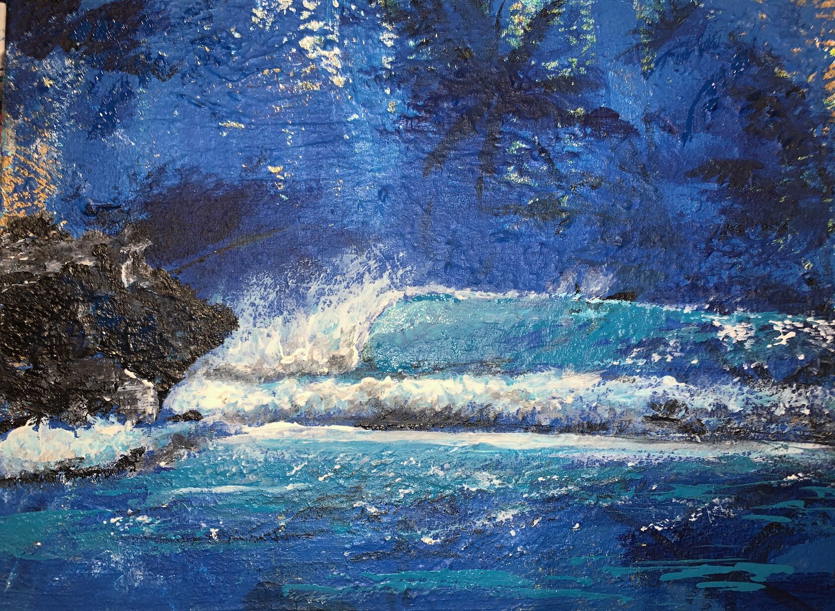 Midnight Reef — deep blue nocturnal ocean painting with crashing waves and tropical silhouettes