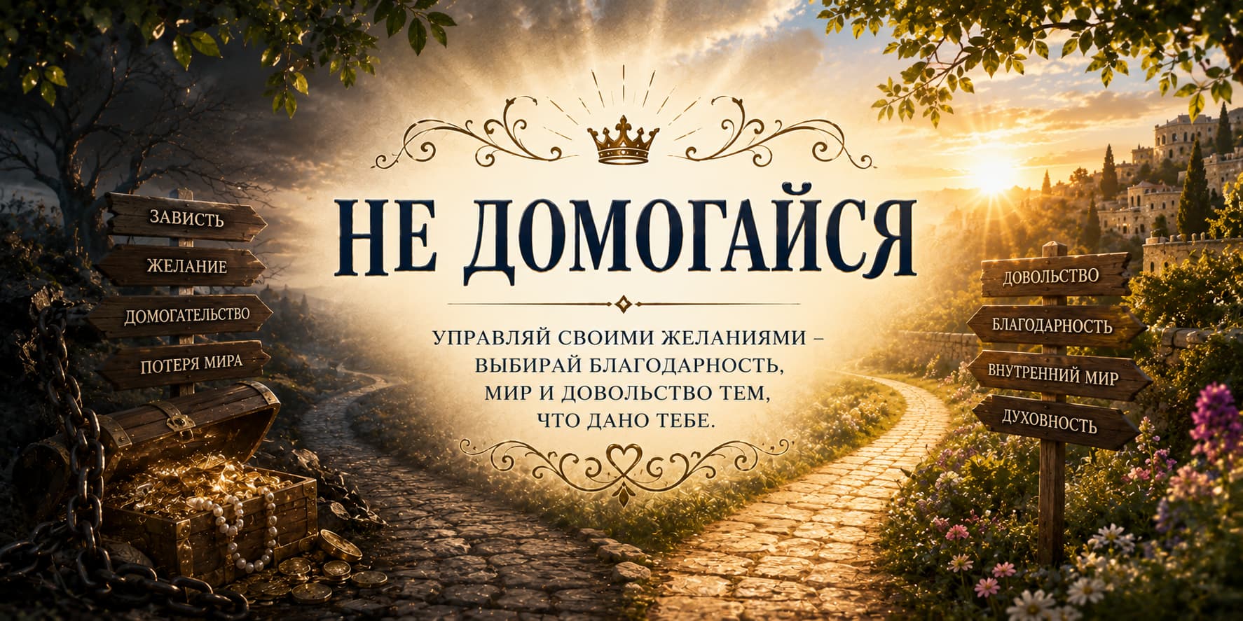 Иллюстрация к десятой заповеди Торы «Не домогайся». Символический пейзаж с двумя дорогами: одна ведет через зависть, жадность и стремление к чужому, другая - к благодарности, внутреннему миру и духовному росту.