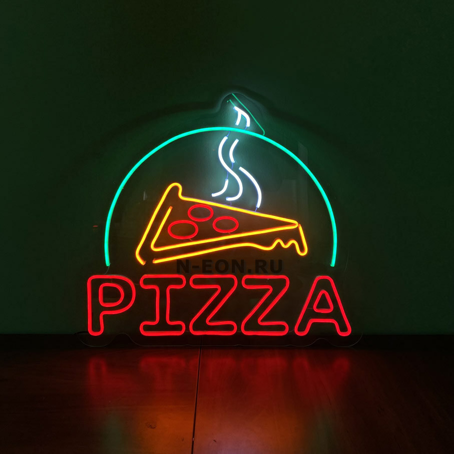 Neonová reklama v podobě nápisu v okně Pizza