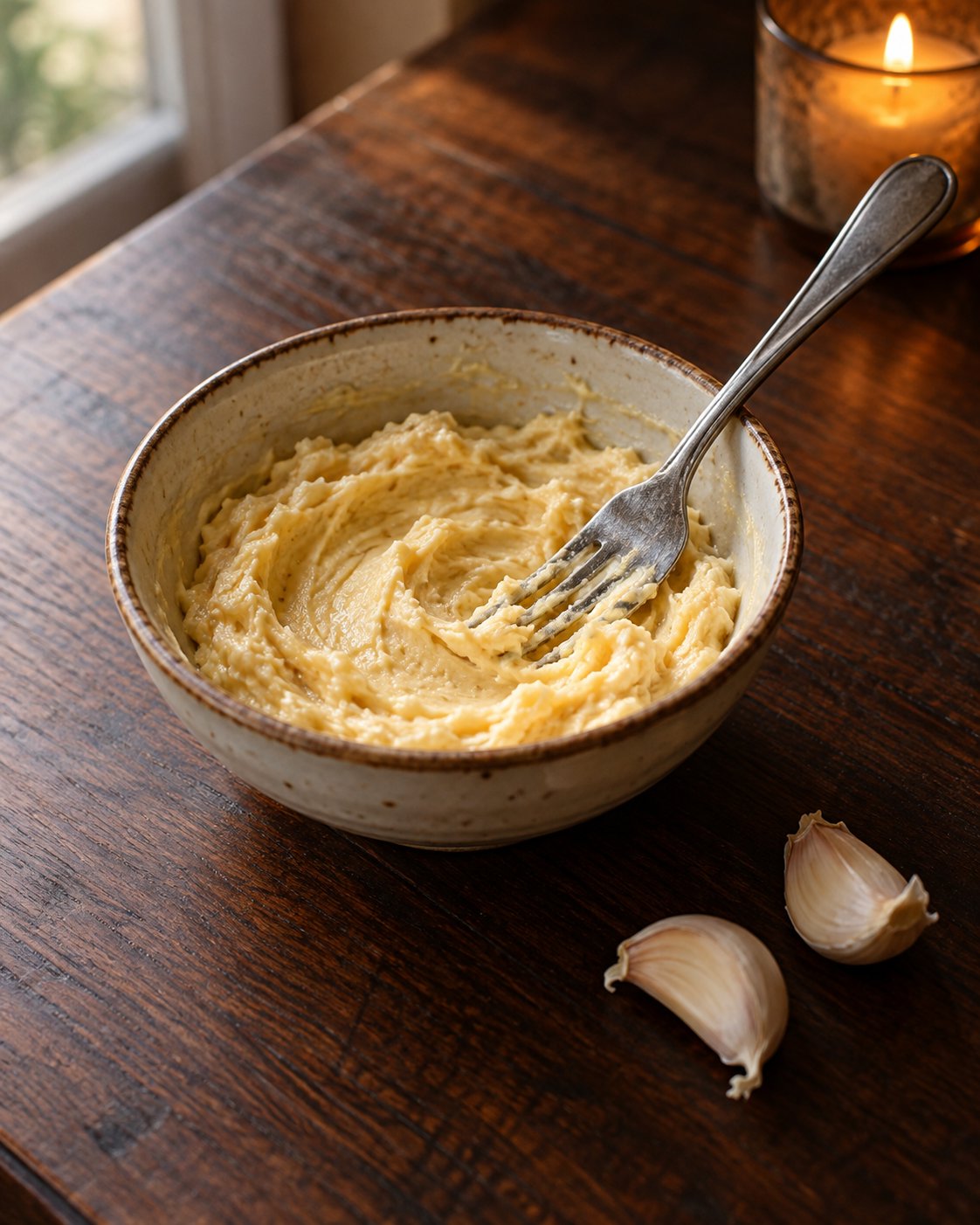 A small bowl of softened butter mashed smooth with light miso and grated garlic, a fork resting in it