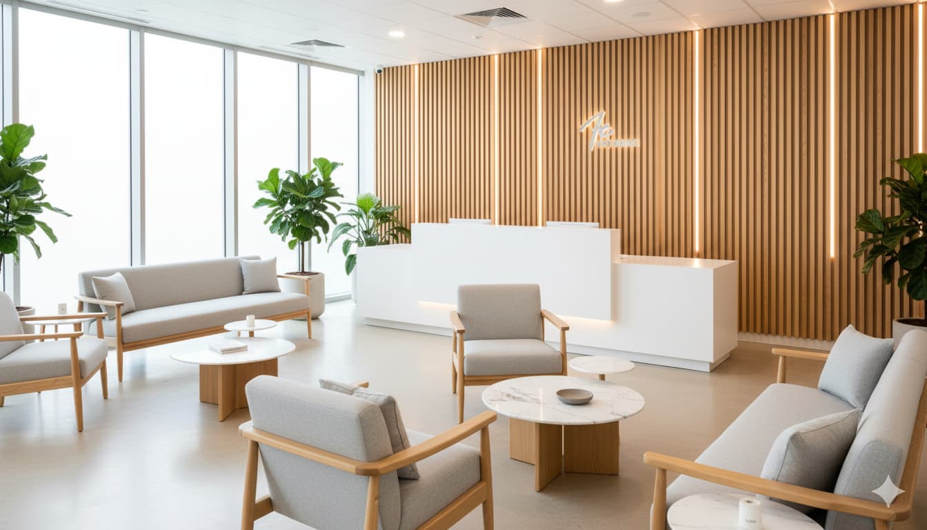 Современная светлая зона ожидания (ресепшен) в клинике с деревянными рейками и мягкой мебелью