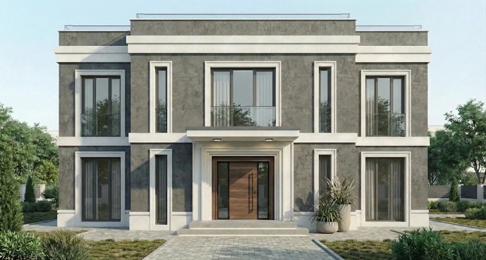 Фронтальный фасад дома в стиле хай-тек с контрастным белым фасадным декором — обрамление окон, горизонтальные пояса и портал входной группы.