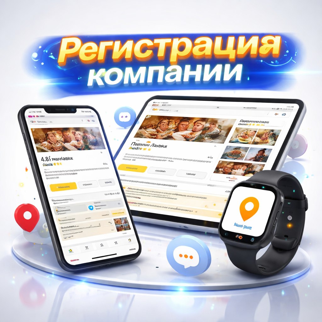 композиция с гаджетами демонстрирующими регистрацию компании на Яндекс Картах с интерфейсом профилей