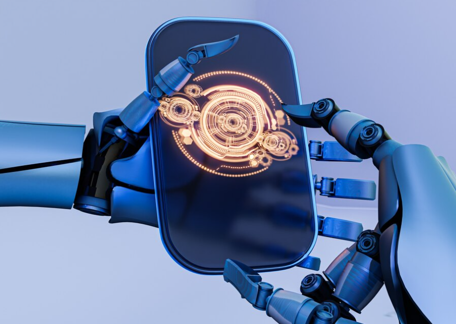 Illustration of robotic hands holding a cell phone, with an AI crypto trading app Freepik.