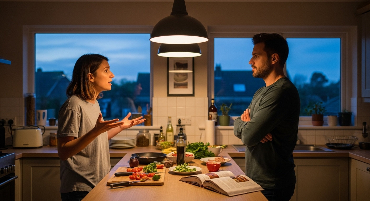 Напряженный конфликт между партнерами на кухне показывающий участившиеся ссоры как ключевой симптом кризиса в семейных отношениях