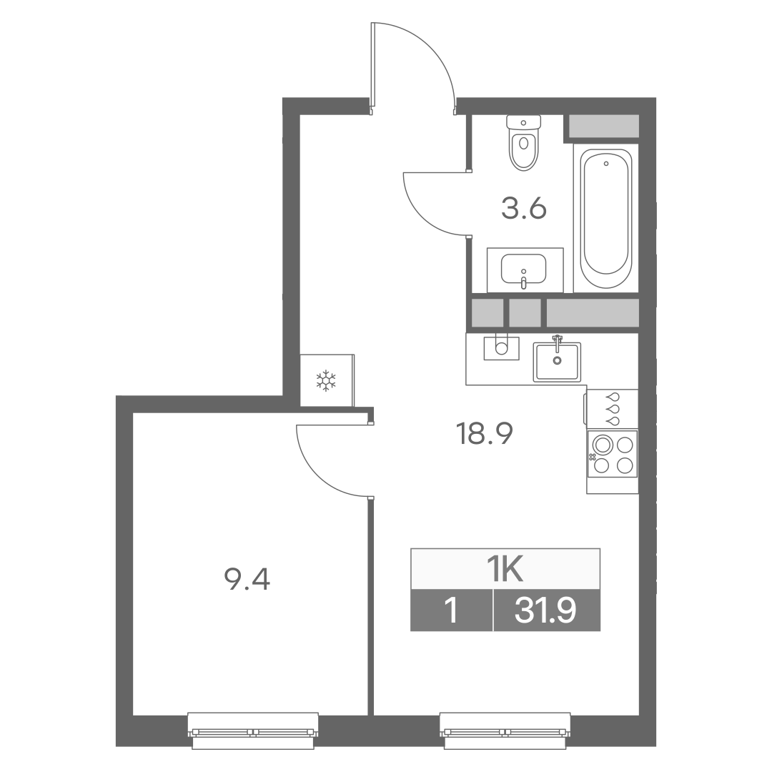 Планировка однокомнатной квартиры 31.90 м² в ЖК Новая Ройка