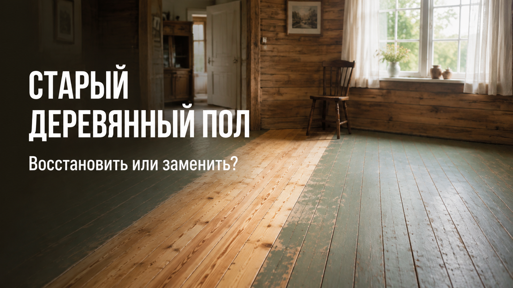 Старый деревянный пол в деревенском доме: часть окрашенных половиц отциклёвана до натуральной древесины показывая выбор между восстановлением и заменой покрытия.