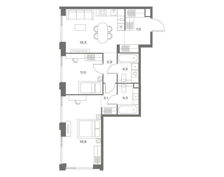 Планировка квартиры с 2 спальнями 69,6 м² в ЖК Soul: корпус 9, секция 12, 5-й этаж