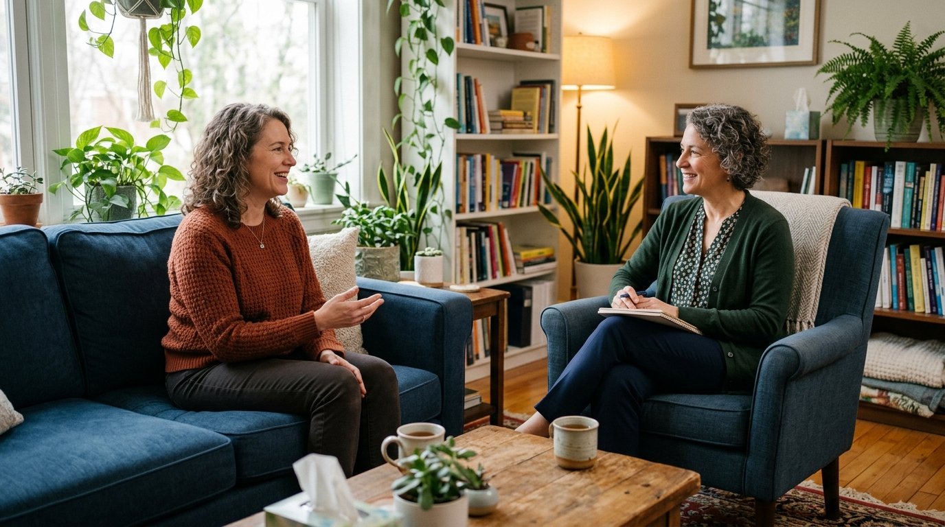 Женщина разговаривает с психологом в уютном кабинете — иллюстрация к рекомендации обратиться за профессиональной поддержкой