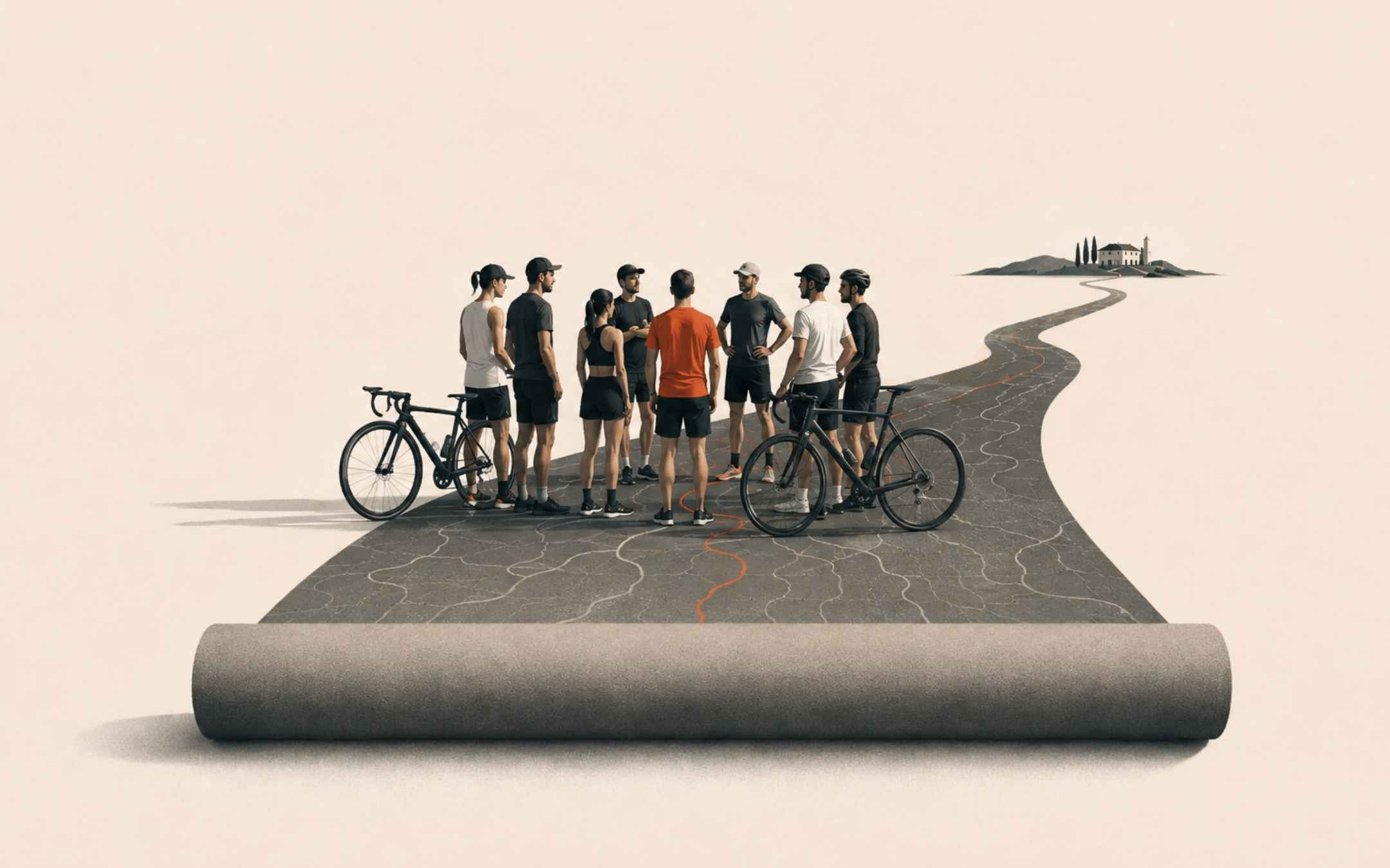 Gruppo di runner e ciclisti riunito su una strada che conduce verso una destinazione.