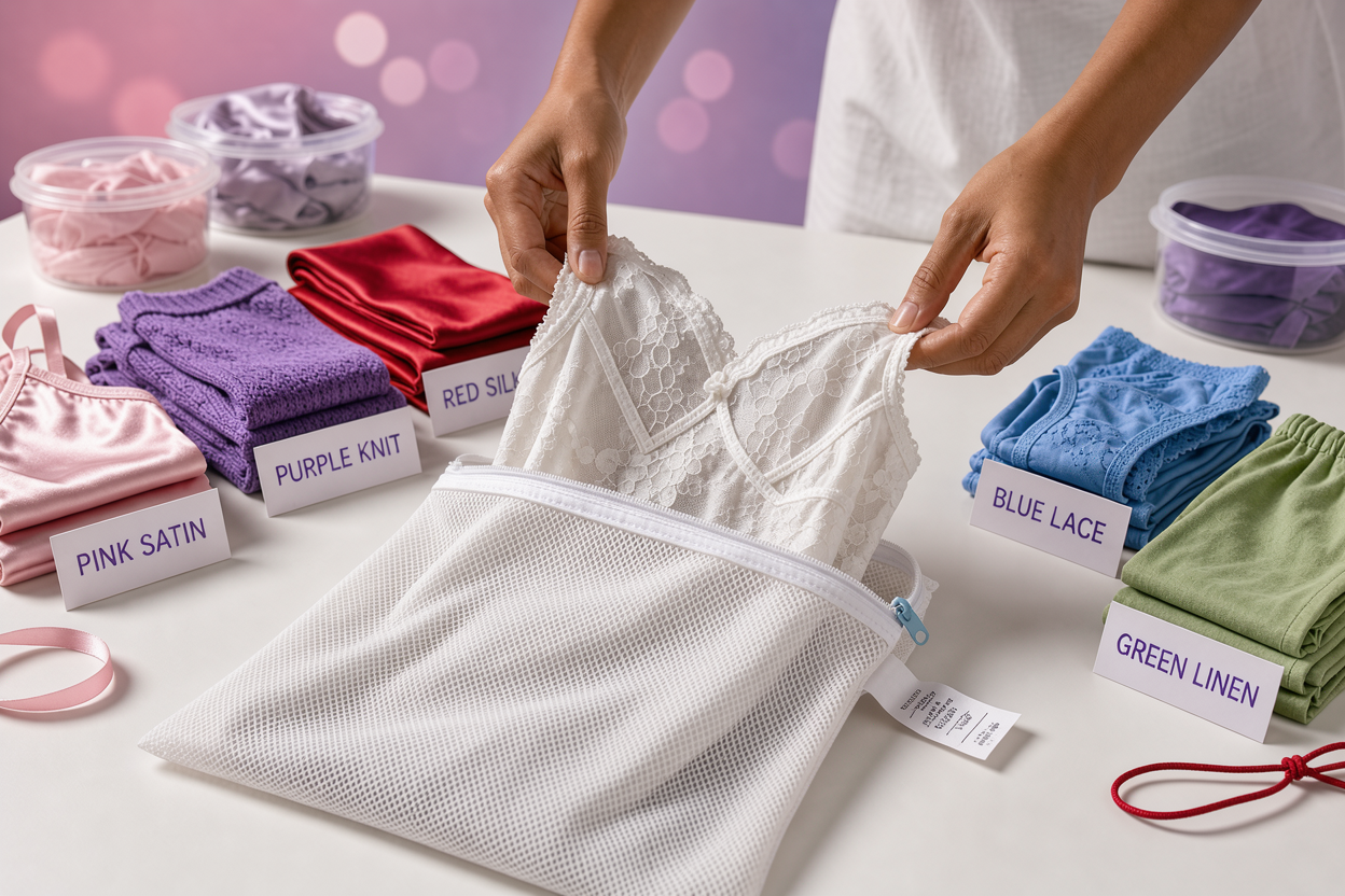 Close-up of hands placing delicate garments into a mesh laundry bag with labeled piles of clothes sorted by color and fabric