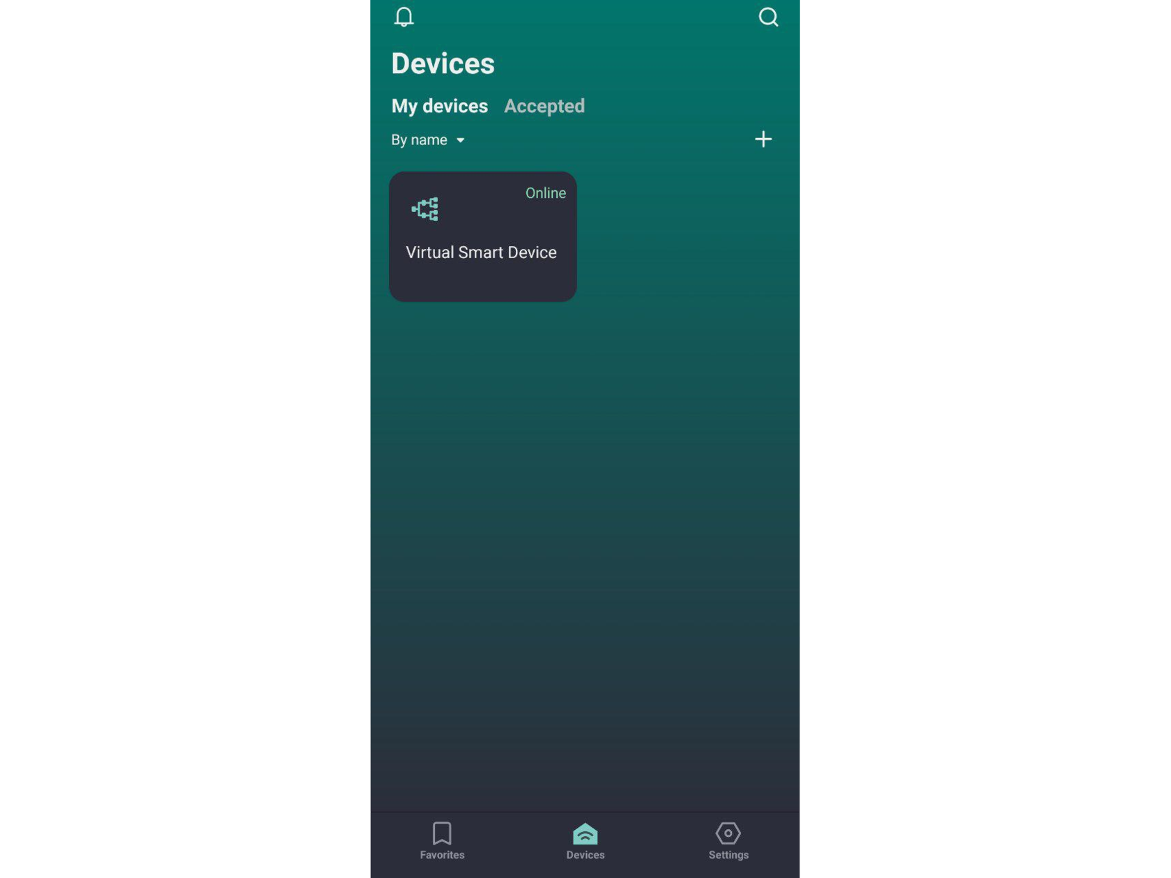 Екран “Devices” мобільного додатка 2Smart Cloud із прив'язаним віртуальним пристроєм