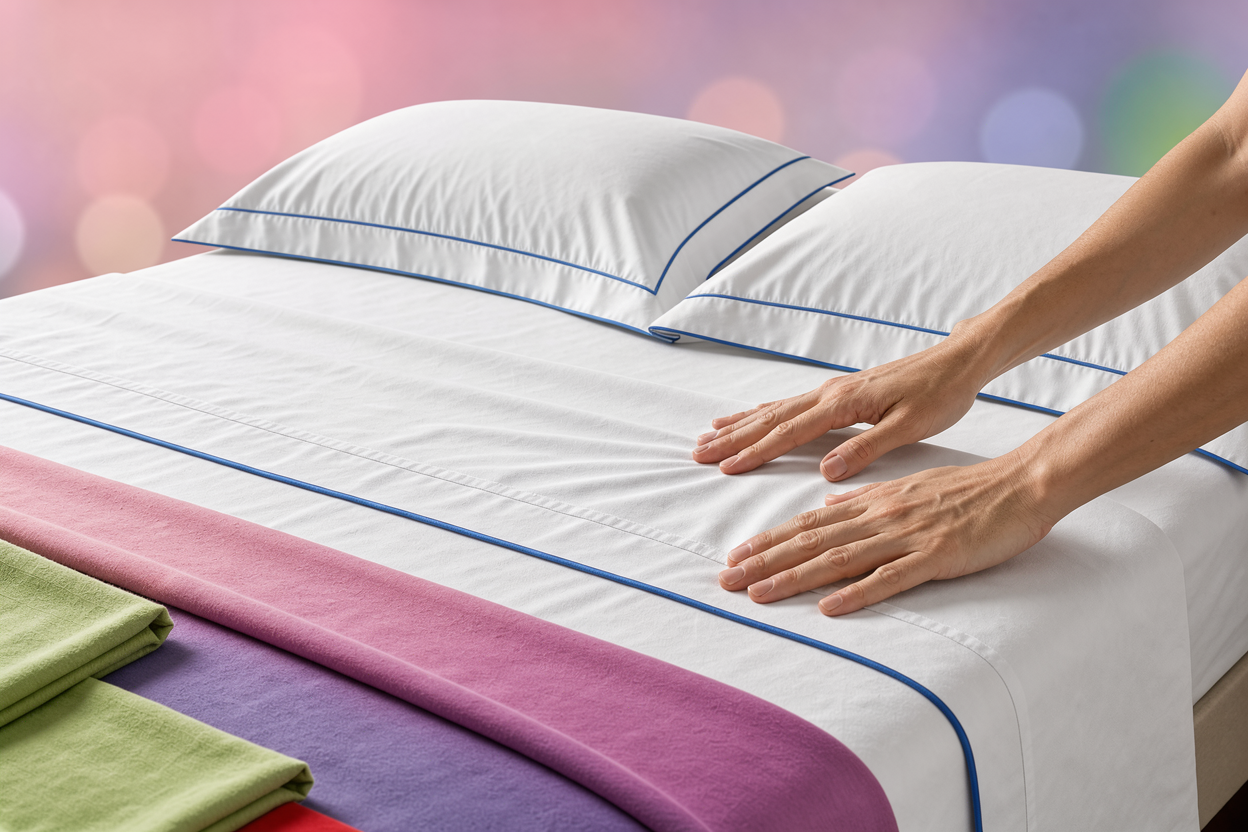 Neatly made bed with freshly laundered bed linen being smoothed by hands, showing texture of sheets and pillowcases, no visible detergent or brand marks