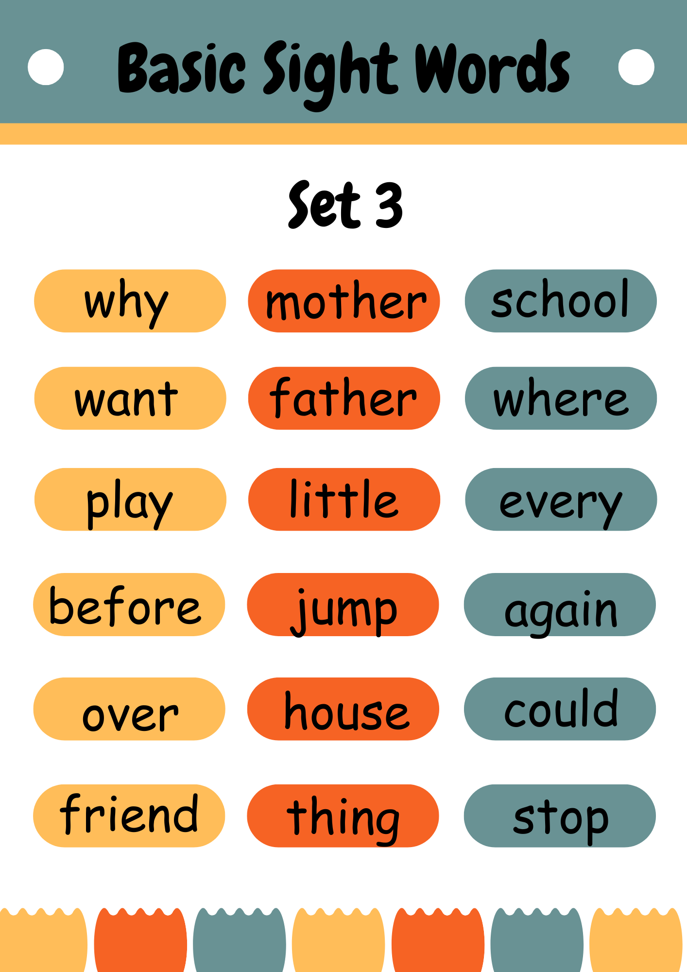 Картинка Basic Sight Words Set 3 — английские слова для начинающих: why, mother, school, want, father, where, play, little, every, before, jump, again, over, house, could, friend, thing, stop.