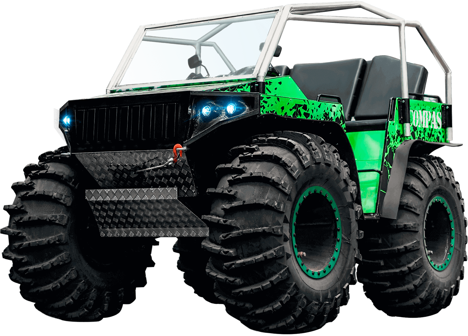 Квадроцикл повышенной проходимости Компас зеленого цвета с защитным каркасом и покрышками-ободрышами нашего производства