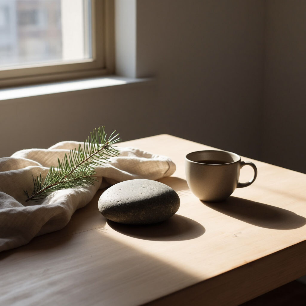 Натюрморт у окна: ткань, еловая ветка, камень и чашка на столе. Символ простоты, природных текстур и осознанной паузы — ключевых элементов сенсорного детокса и поиска внутренней тишины