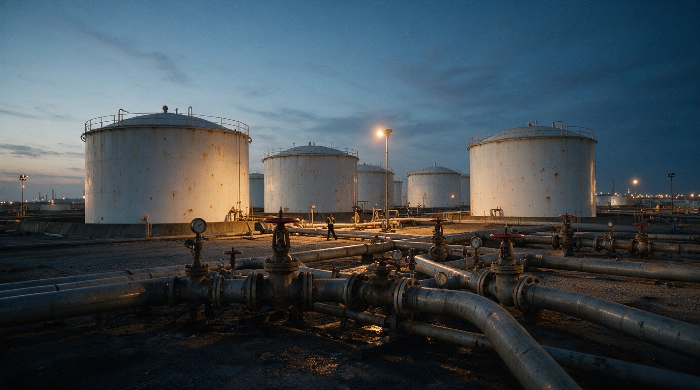 Резервуарный парк нефтебазы в сумерках