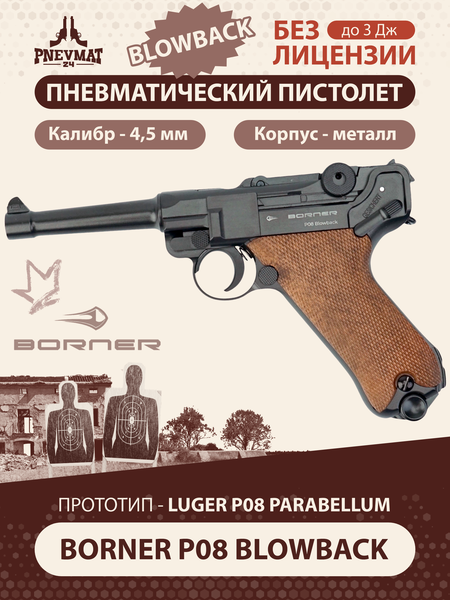 Пневматический пистолет Borner P08 Blowback Парабеллум