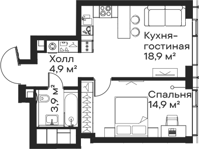 1-комн 42,6 м²