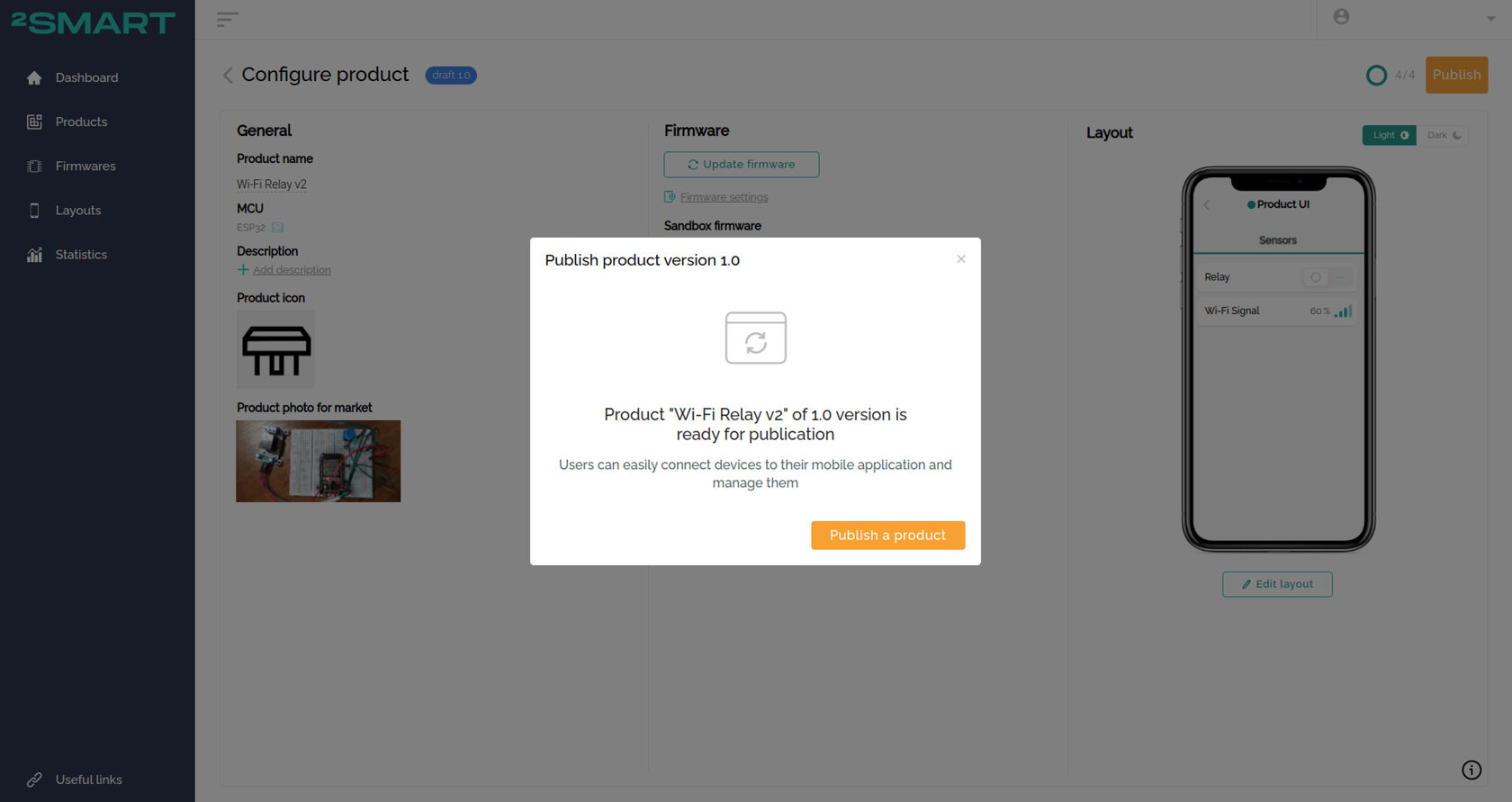 Product publication confirmation screen
