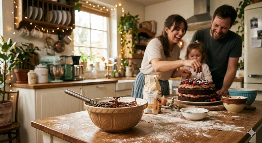 Процесс приготовления шоколадного торта на уютной домашней кухне.