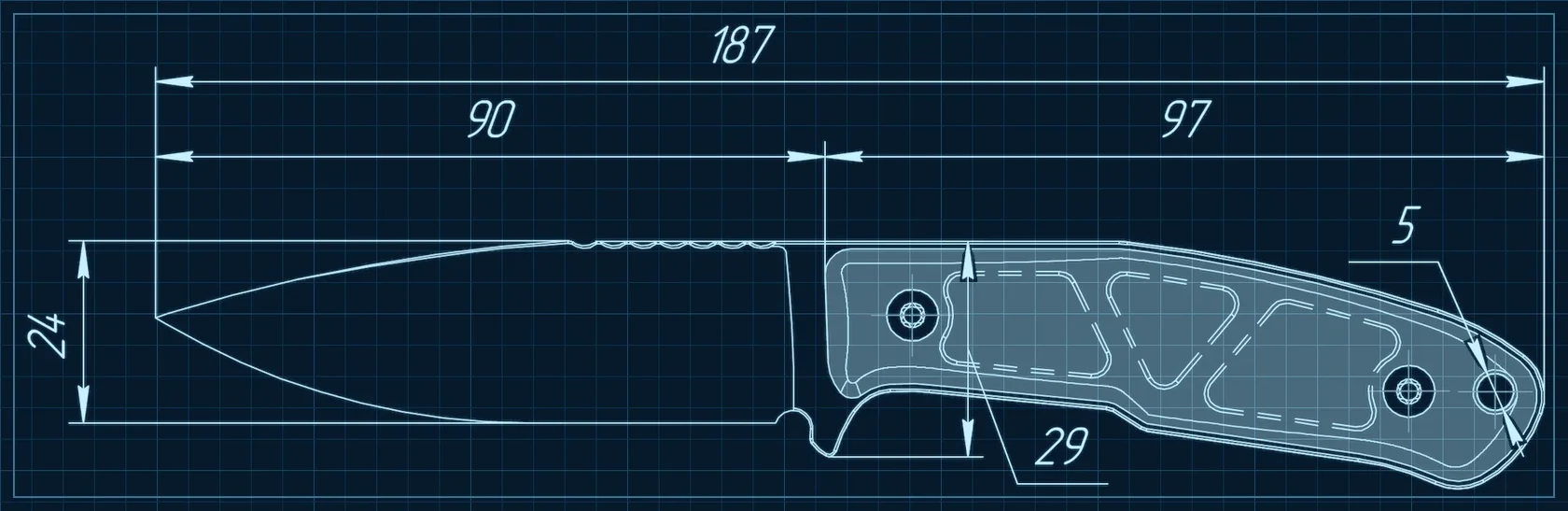 Blueprint-style technical drawing of the Kizlyar Supreme Sigma fixed-blade EDC knife showing a 90 mm blade, 97 mm handle and 187 mm overall length