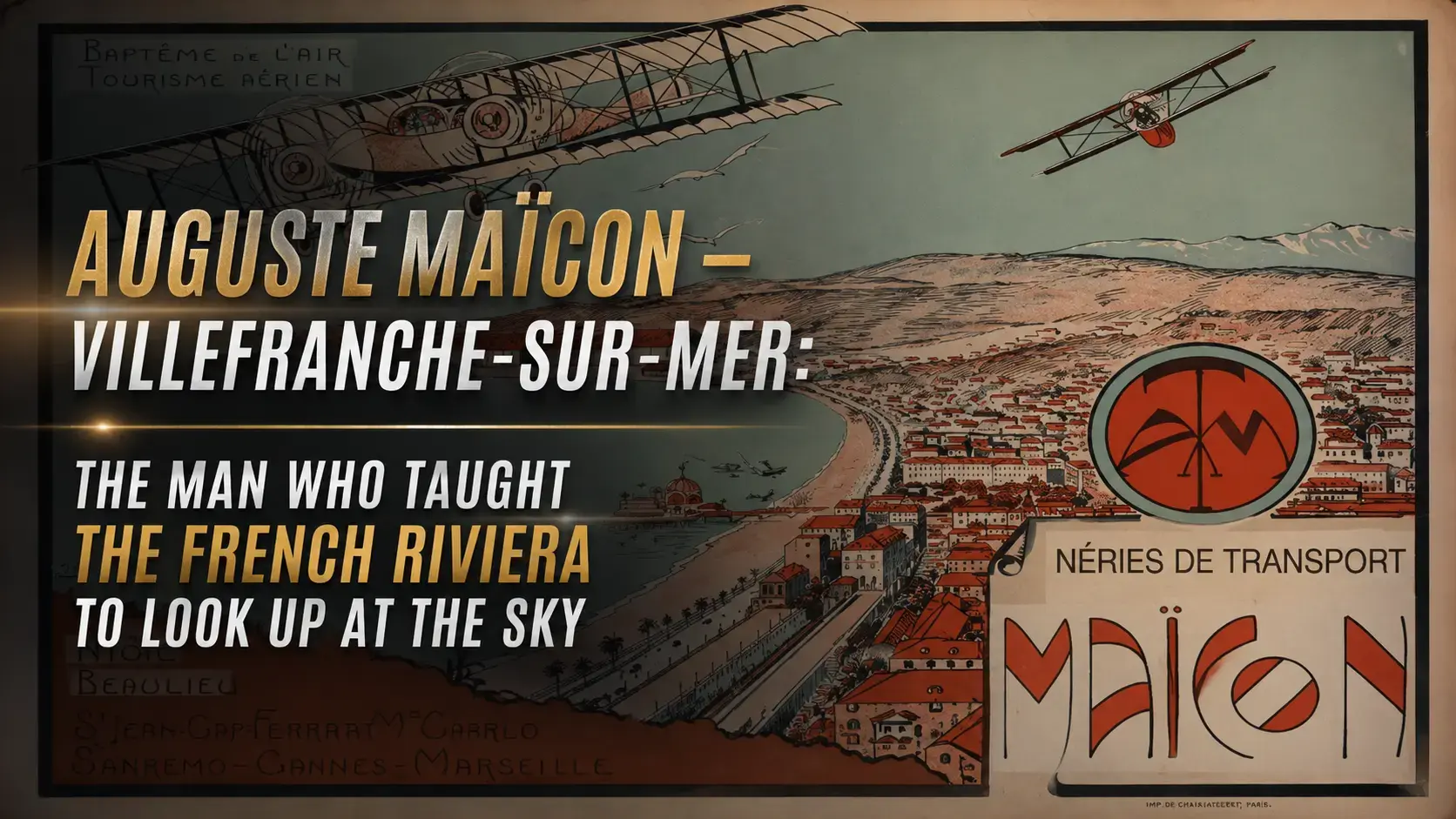 Vintage aviation poster of Nice and the French Riviera featuring early aircraft flying above the Baie des Anges, Nice, France