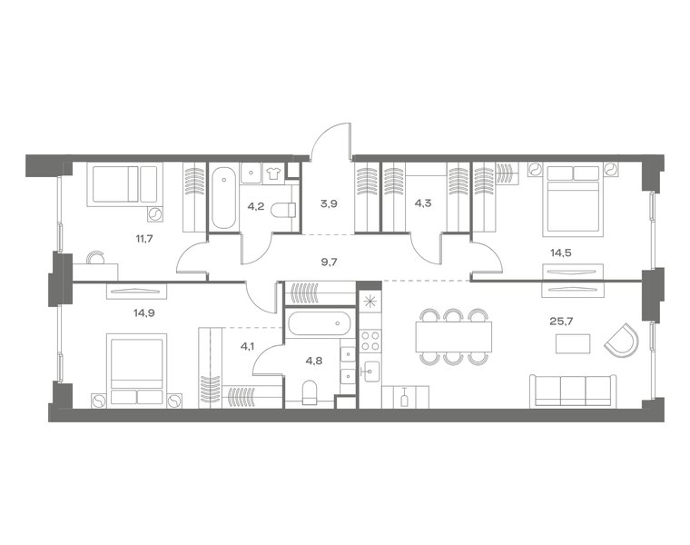 Планировка квартиры с 3 спальнями 97,8 м² в ЖК Soul: корпус 7, секция 10, 5-й этаж