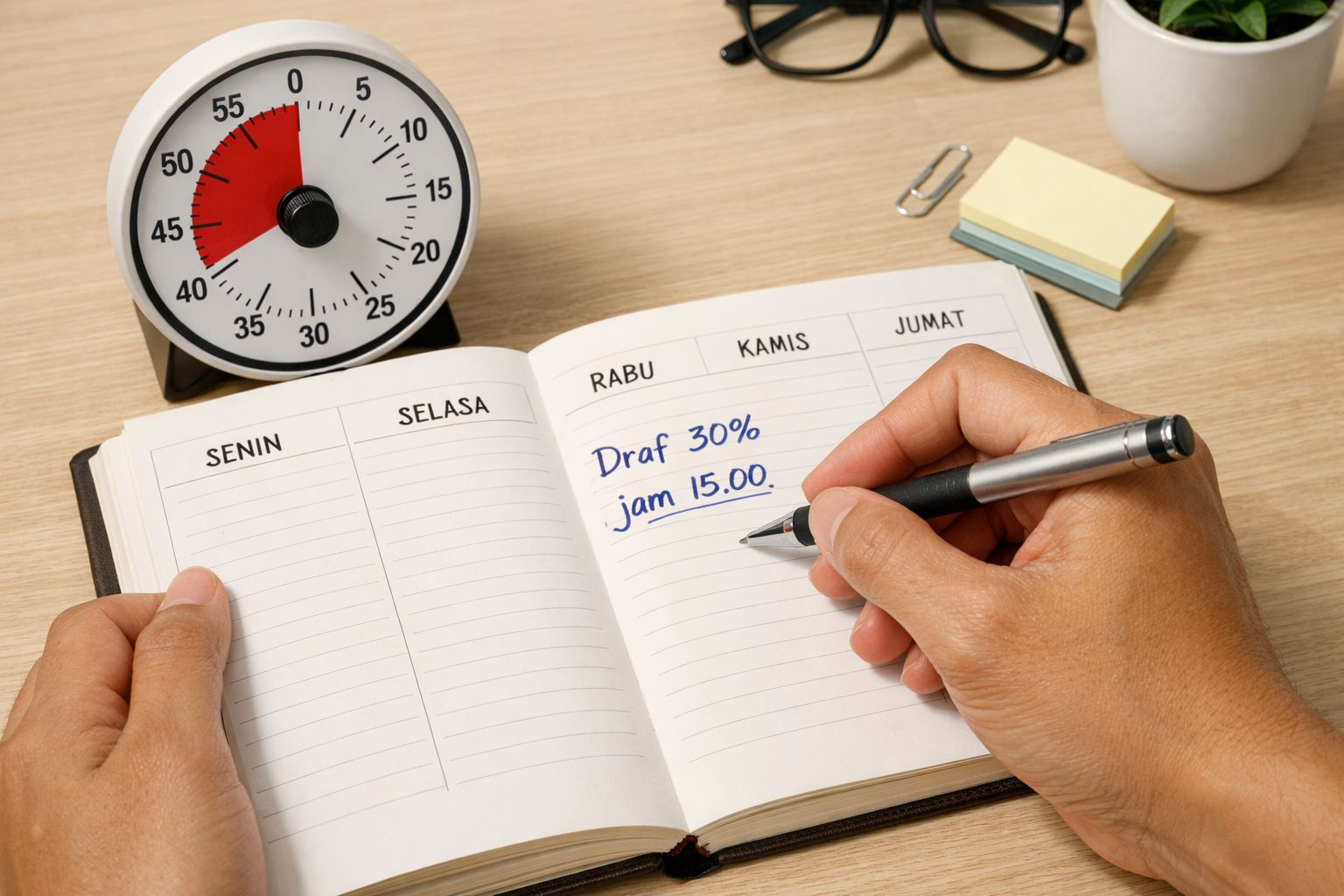 Tangan menulis target draf 30 persen pukul 15.00 di buku agenda dengan timer di meja, ilustrasi membuat deadline internal agar tidak menunda