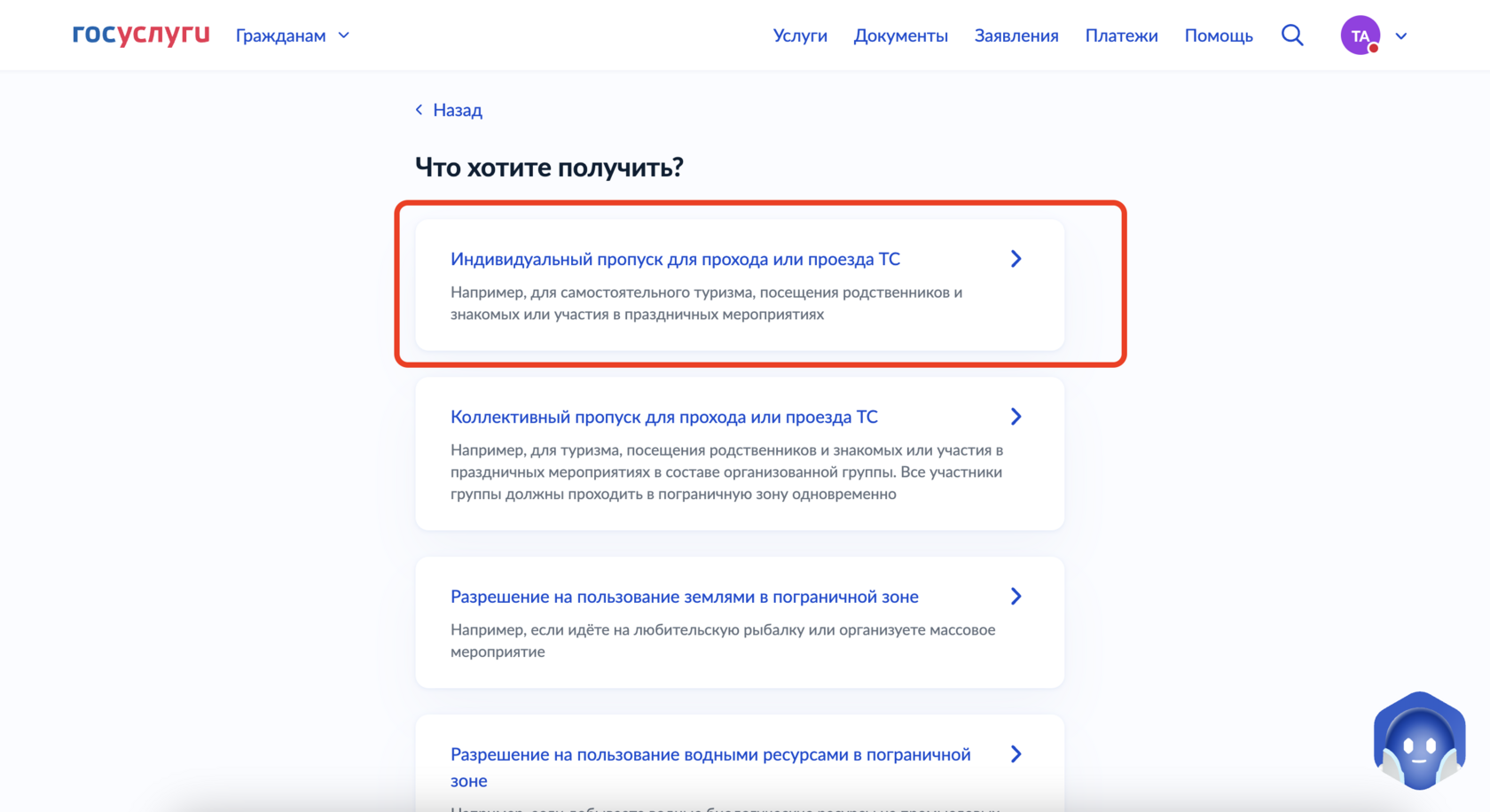 Скриншот 2: выбор индивидуального пропуска