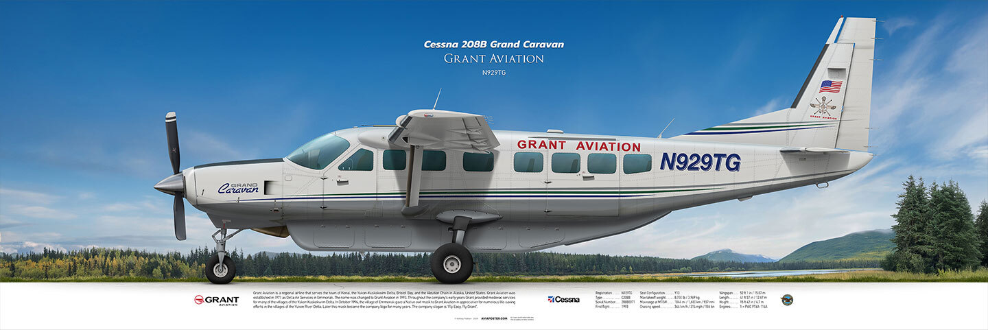 Самолёт Cessna 208 Caravan, рисунок в профиль на фоне Аляски