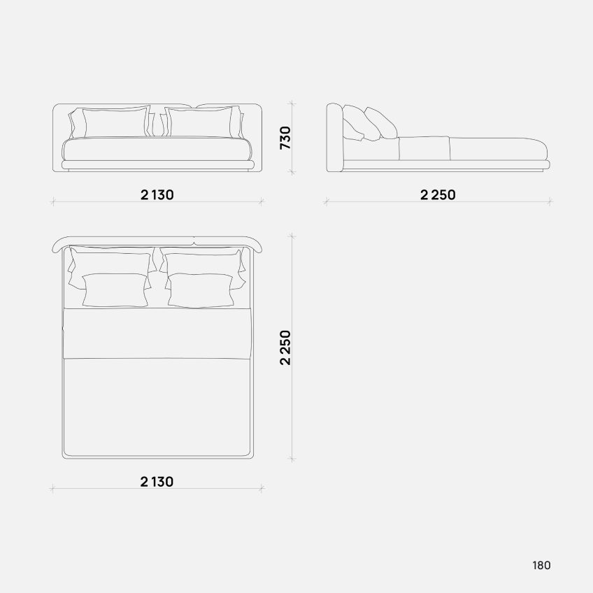 Современная кровать Cocoon от Simple Form с мягким изголовьем и изножьем, минималистичный дизайн, серый цвет, идеально для спальни в стиле лофт или модерн